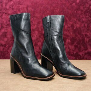 Franco Sarto Women Stevie Vintage 90's Black Leather Square Chunky Heel Boots 7